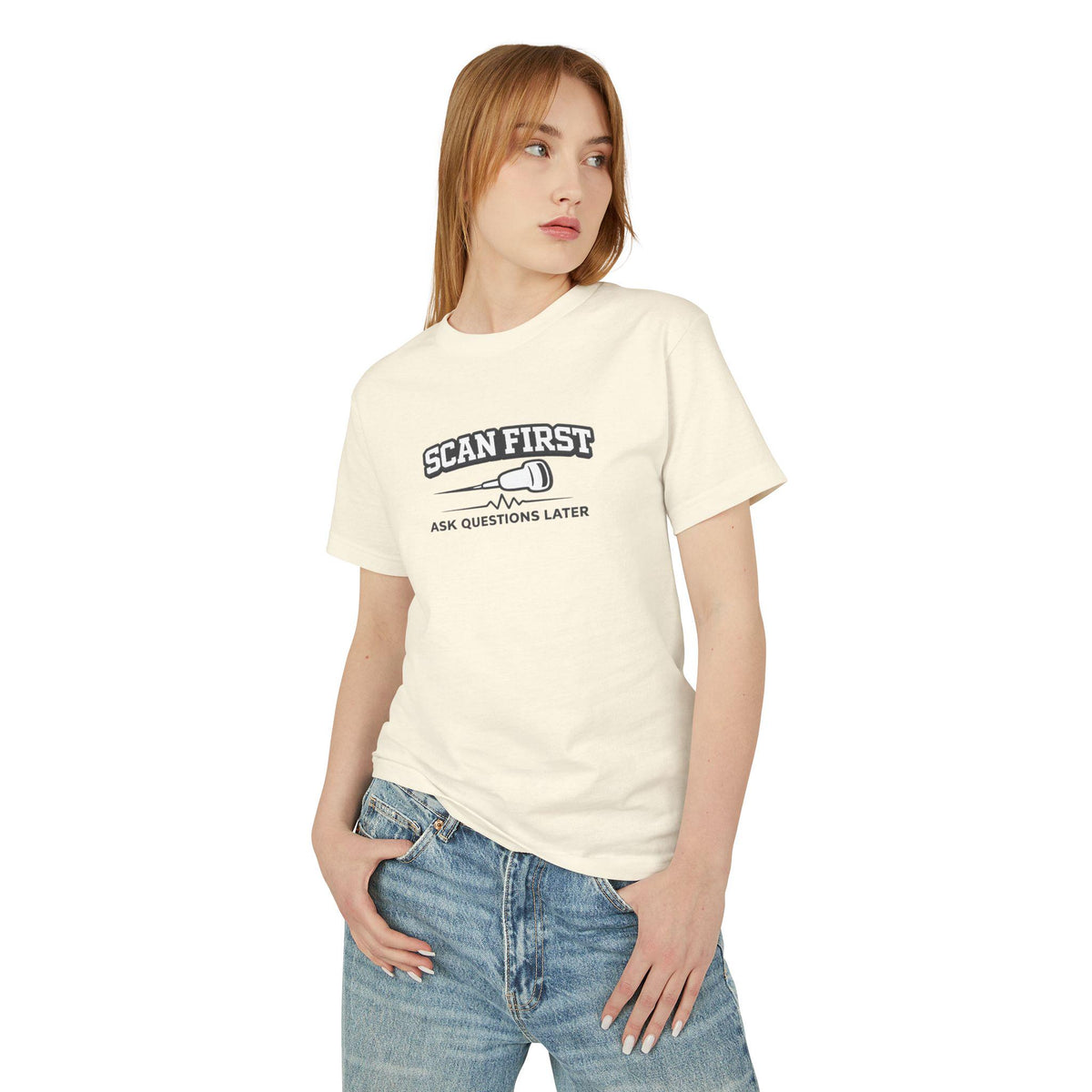 Scan First Ask Questions Later Ultrasound Tech Shirt | Radiology Humor Tee (100% Cotton)