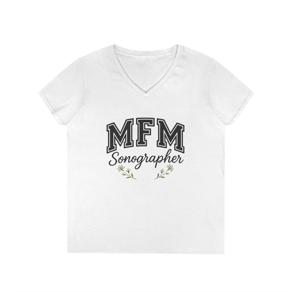 MFM Sonographer V-Neck T-Shirt | Women's Medical Apparel | Maternal Fetal Medicine Ultrasound Tech Gift | Pregnancy Sonography Scrubs Tee