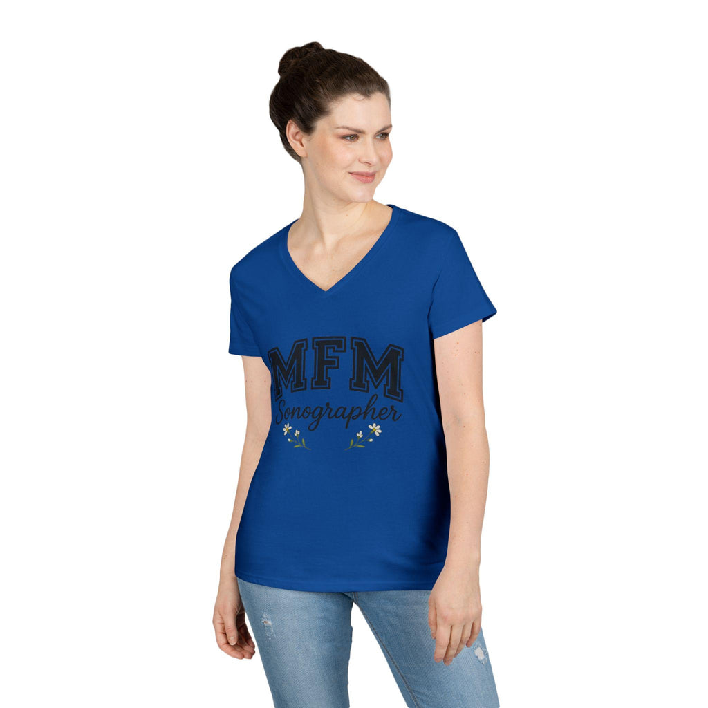 MFM Sonographer V-Neck T-Shirt | Women's Medical Apparel | Maternal Fetal Medicine Ultrasound Tech Gift | Pregnancy Sonography Scrubs Tee