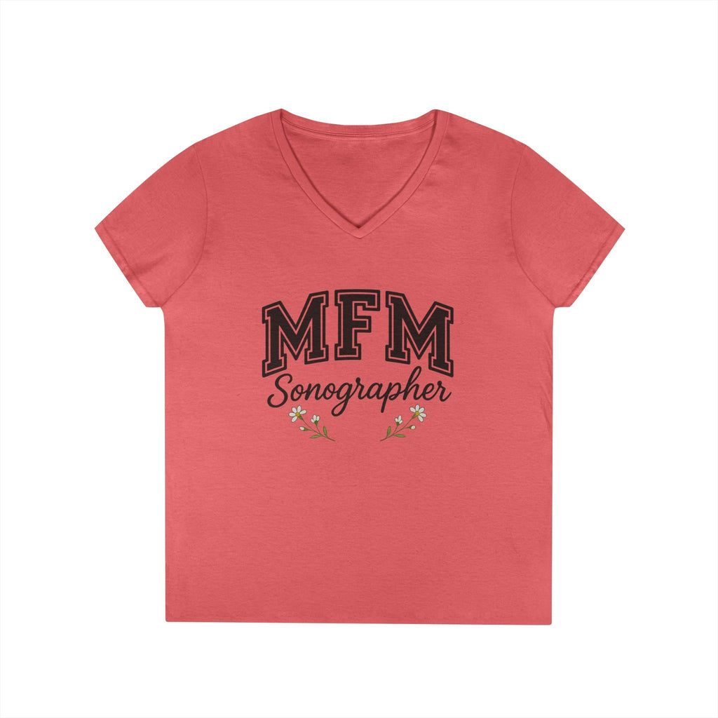 MFM Sonographer V-Neck T-Shirt | Women's Medical Apparel | Maternal Fetal Medicine Ultrasound Tech Gift | Pregnancy Sonography Scrubs Tee