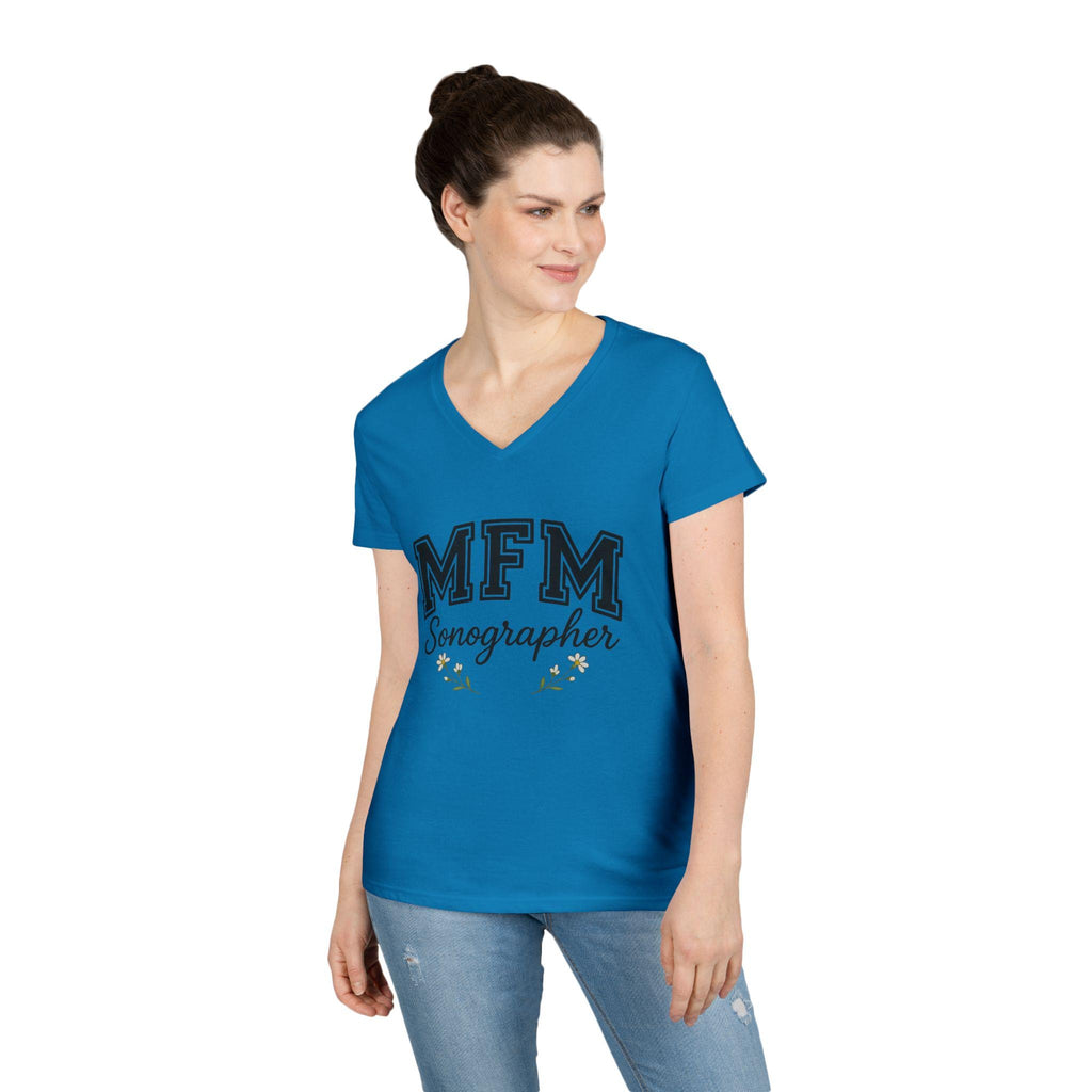 MFM Sonographer V-Neck T-Shirt | Women's Medical Apparel | Maternal Fetal Medicine Ultrasound Tech Gift | Pregnancy Sonography Scrubs Tee