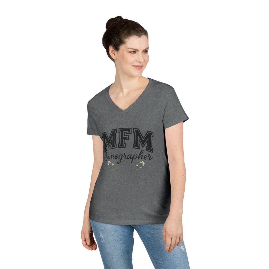 MFM Sonographer V-Neck T-Shirt | Women's Medical Apparel | Maternal Fetal Medicine Ultrasound Tech Gift | Pregnancy Sonography Scrubs Tee