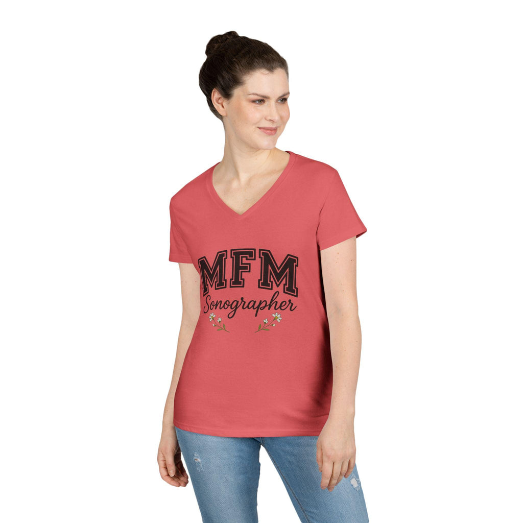 MFM Sonographer V-Neck T-Shirt | Women's Medical Apparel | Maternal Fetal Medicine Ultrasound Tech Gift | Pregnancy Sonography Scrubs Tee
